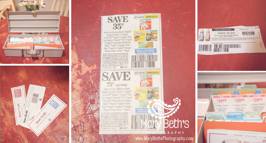 Five images of coupons and a coupon box for organization.