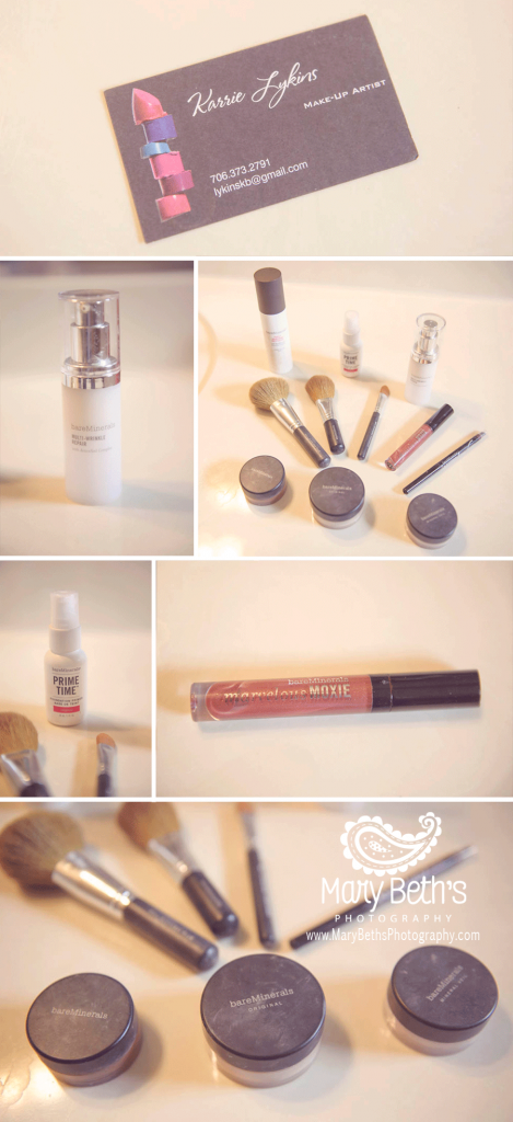 Sic images of Bare Minerals makeup, brushes and creams as well as a makeup artist's card.