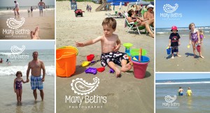 Five images involving the beach including children in the sand and in the ocean