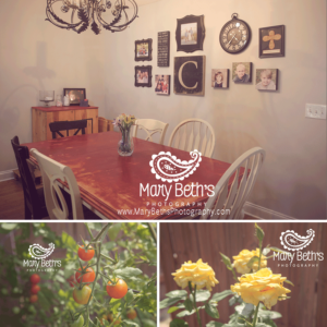Images of Mary Beth's Photography's home including a dining room table, fresh cherry tomatoes and yellow roses in the garden.