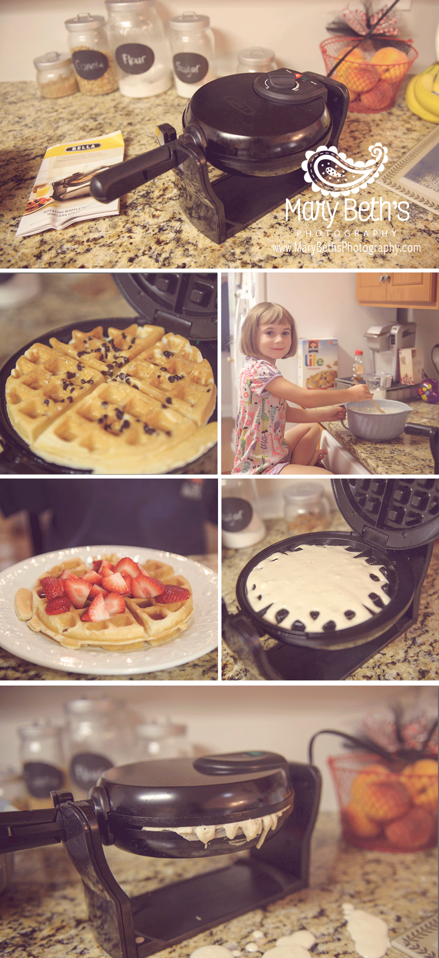 Six images of a waffle maker, waffles with chocolate chips and strawberries and waffles cooking.