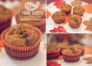 Three images of pumpkin chocolate chip muffins baked