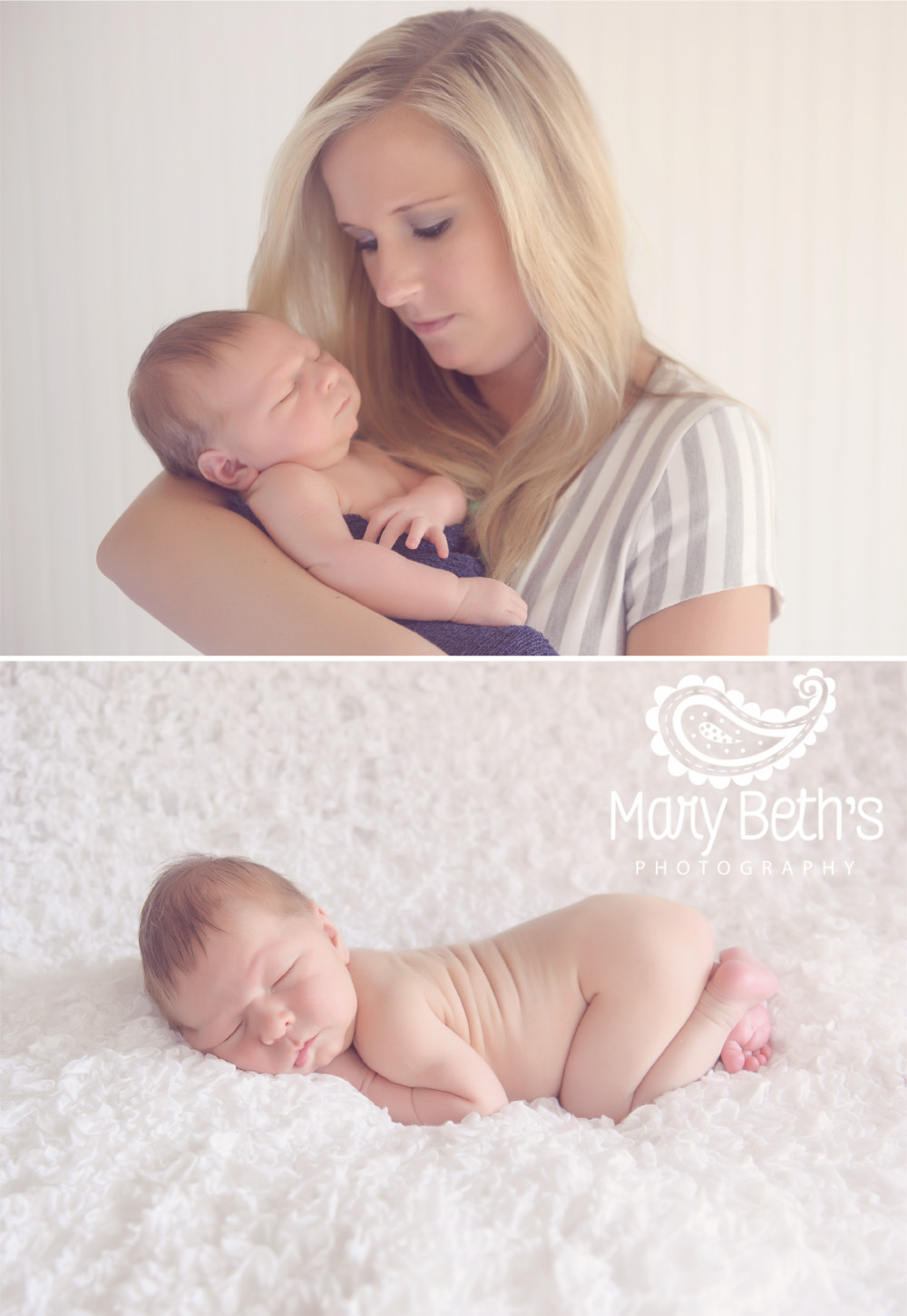 Two images of a newborn boy portrait session, one with his Mom and one sleeping captured by an Augusta GA newborn photographer