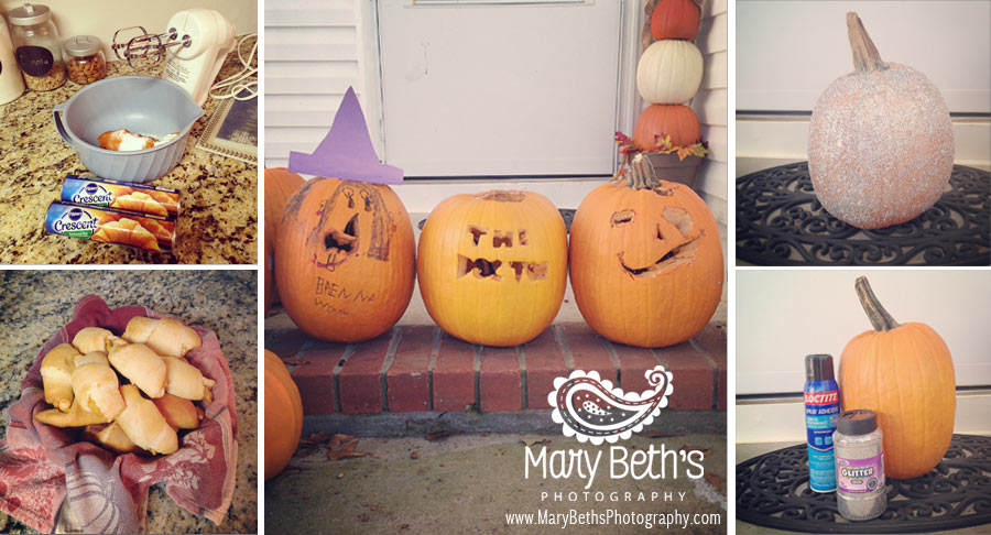 Five images including pumpkin crescent rolls, carved pumpkins and a glitter pumpkin.