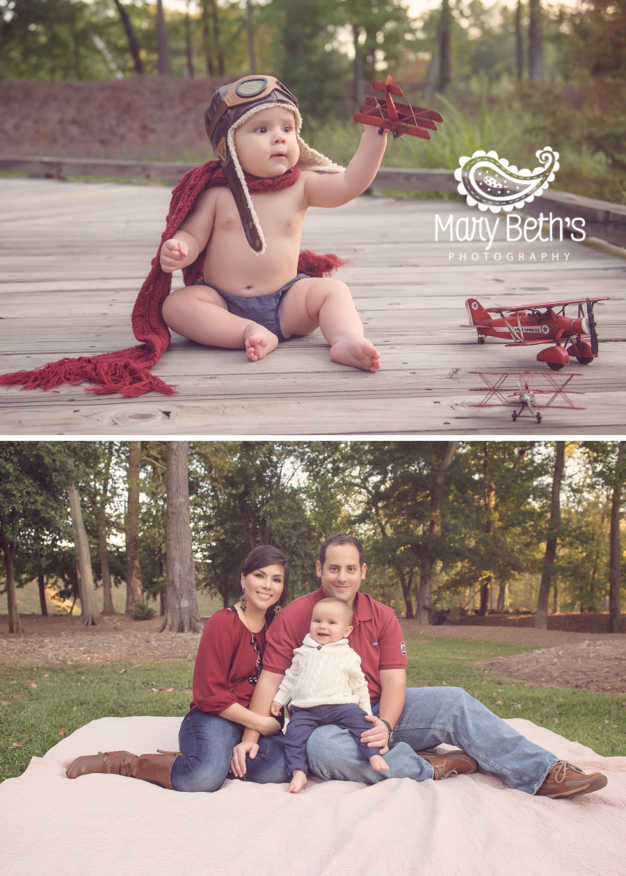 Two images of a family with their son holding an antique airplane.