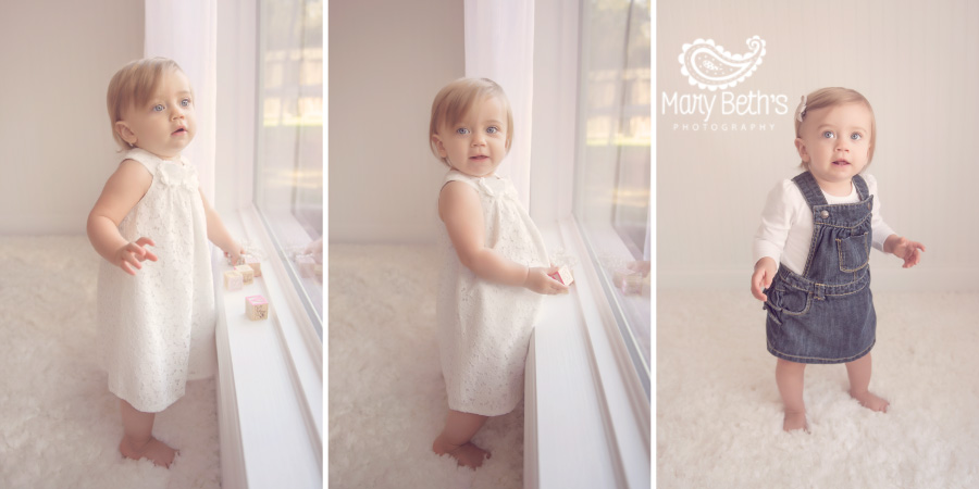 Three images of a little girl in a white dress looking right at the camera.