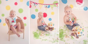 Three images of a one-year-old boy eating birthday cake.