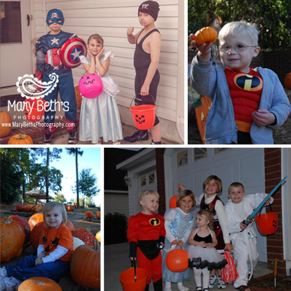 Four images of children dressed up in Halloween costumes.