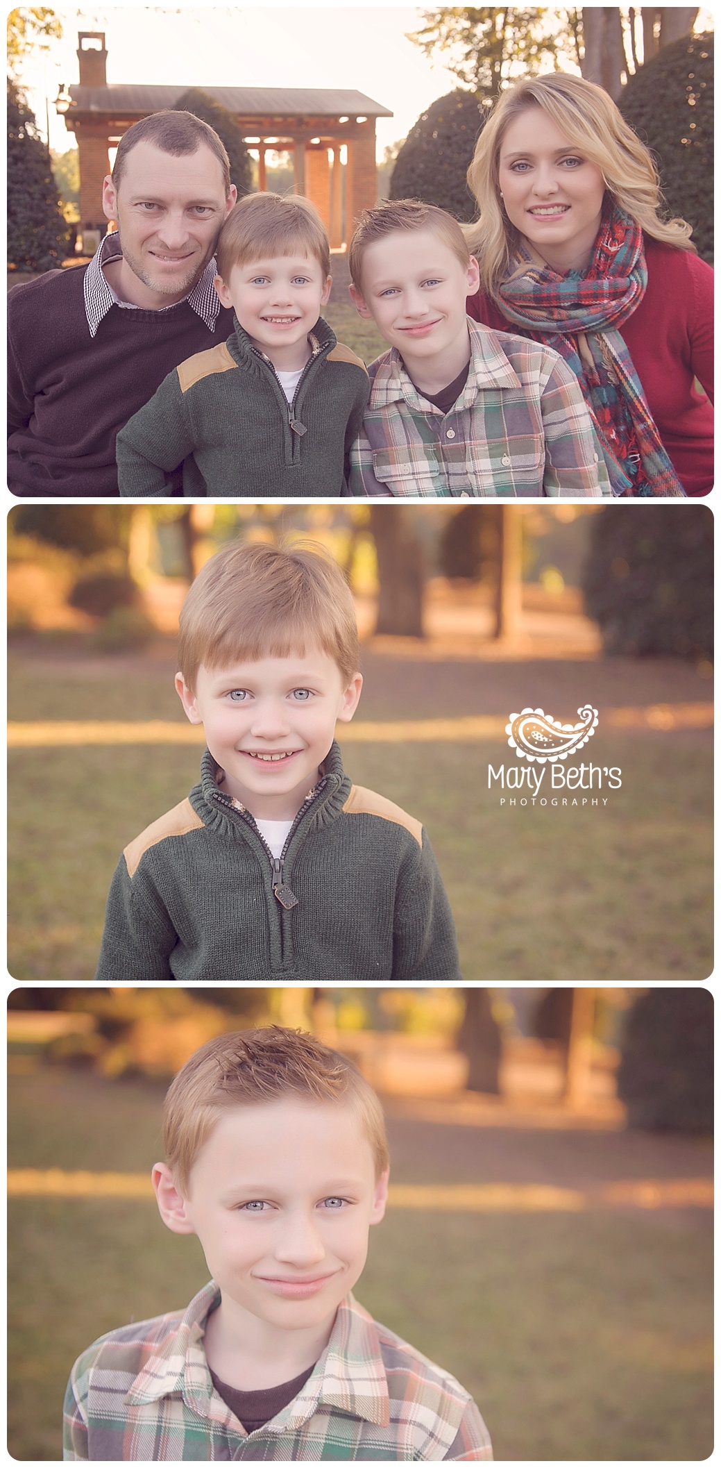 Three images of a family portrait session in a field.