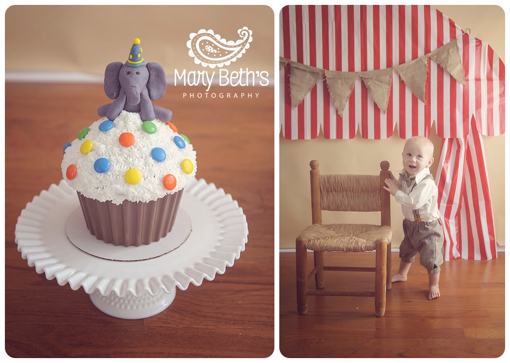 Two images of a carnival themed cake smash captured by an Augusta GA Newborn Photographer