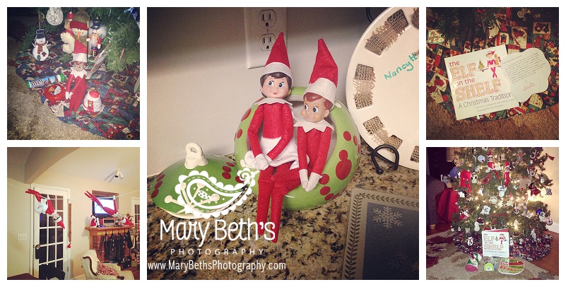 Augusta GA Newborn Photographers' five images of two "Elfs on the Shelf" throughout her home.