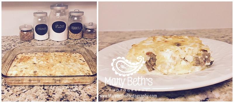 Augusta GA Newborn Photographer images of making an egg, hash brown, cheese, sausage breakfast bake in Augusta, GA | Mary Beth's Photography